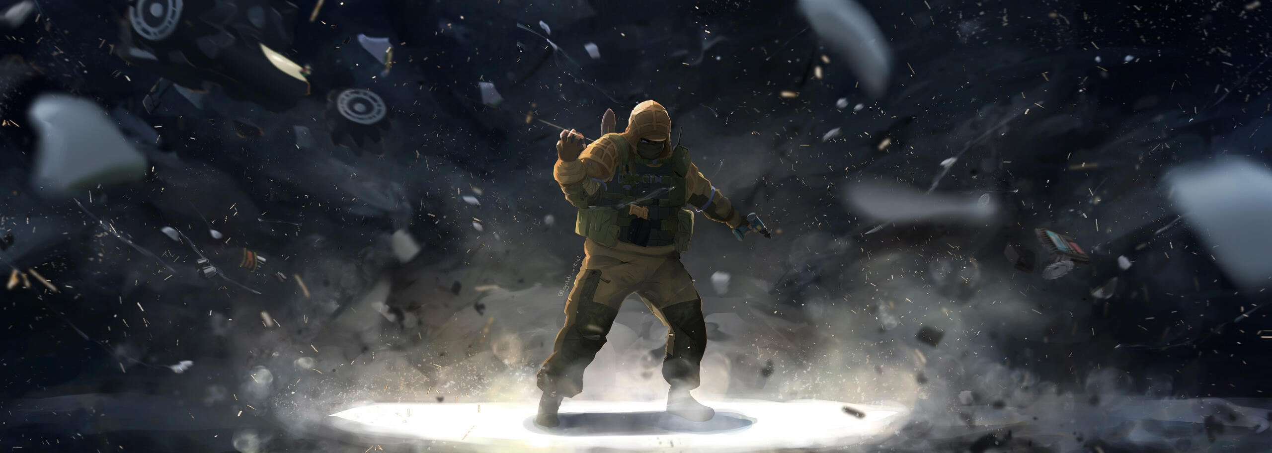 Kapkan Fanart fan art, painting of the russian operator Kapkan in an explosion holding his screwdriver looking cool and crazy. From Tom Clancy's rainbow six siege, ubisoft game r6