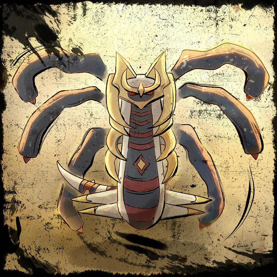 Giratina flying in an ancient style like a prophecy in japanese style